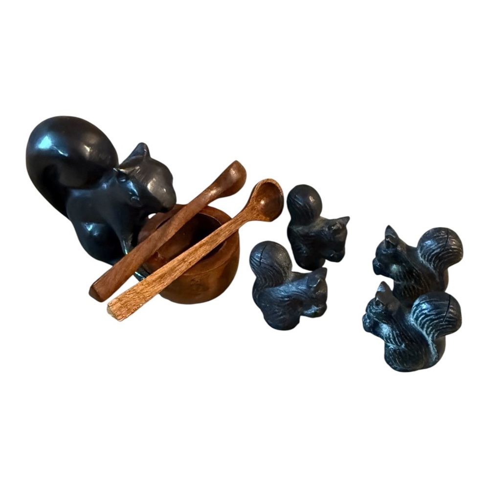 Pottery Barn Black Squirrel Figurine Set, Salt Dish, Wooden Spoons